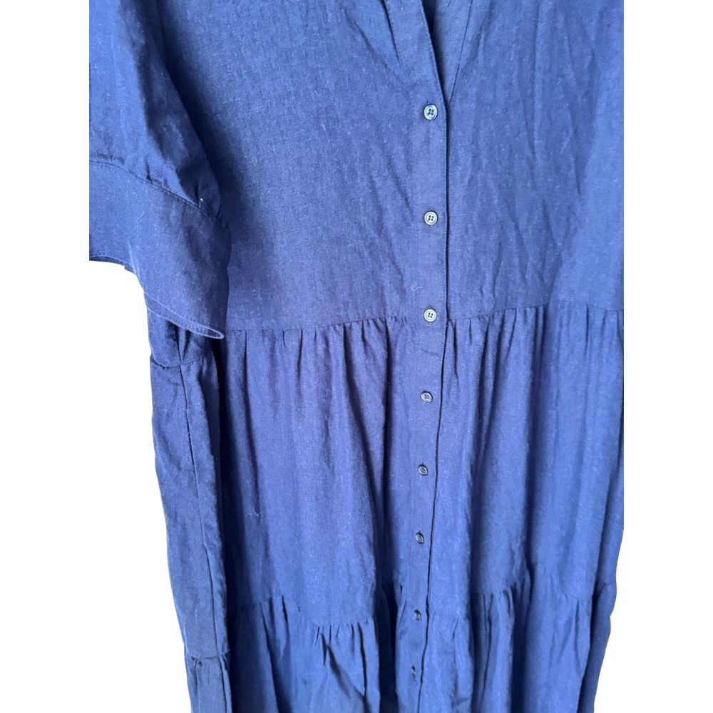Crown & Ivy Navy Blue Linen Blend Tiered Midi Shirt Dress XL Short Puff Sleeve